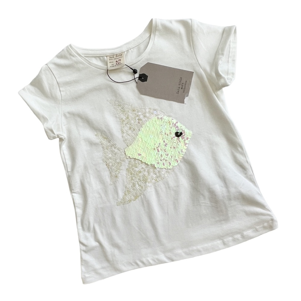 New ZARA Girls Off White Fish Sequin Cotton T-Shirt Sz 4-5